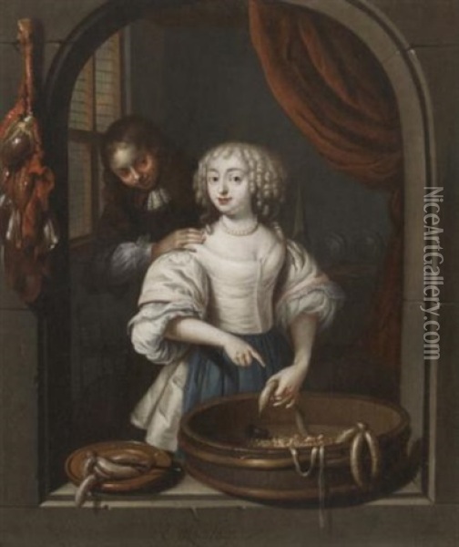 Die Wurstverkauferin. Blick Durch Ein Fenster Auf Ein Junges Paar Beim Bereiten Von Wursten Oil Painting - Reinier De La Haye