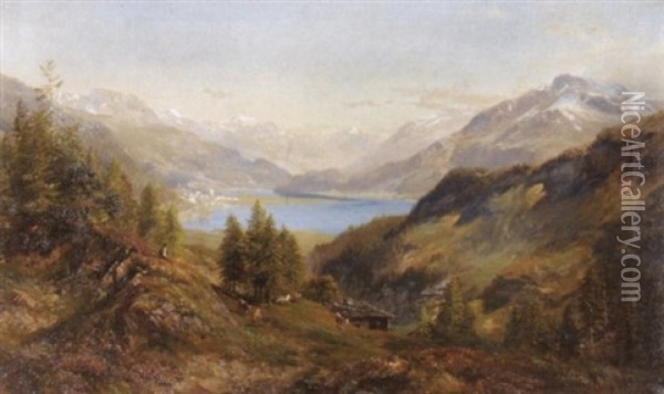 Blick Auf See In Hochgebirgstal, Im Mittelgrund Ein Dorf Oil Painting - Edward Theodore Compton