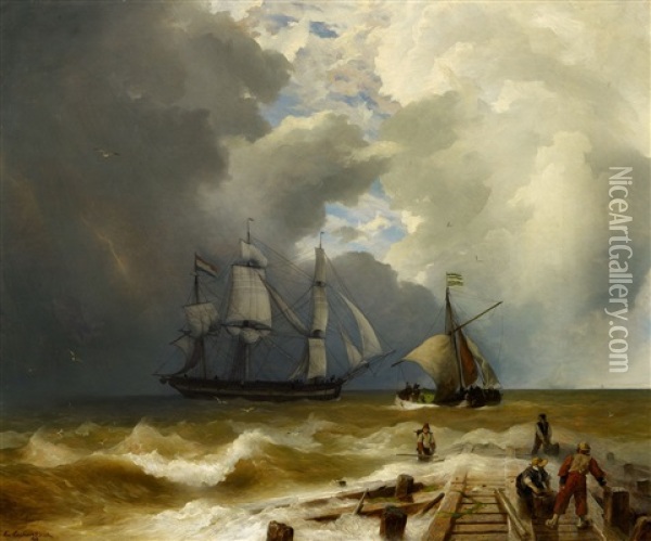 At The Jetty Oil Painting - Andreas Achenbach