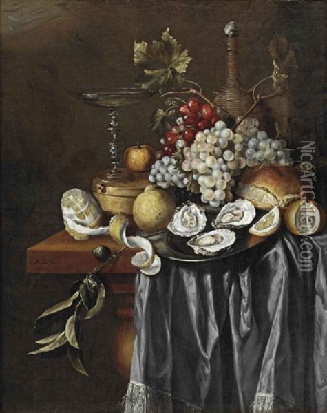 A Peeled Lemon, A Venetian Glass, A Clementine, Blue And White Grapes, Lemons, Oysters On A Pewter Plate, And A Jug, All On A Partially Draped Table Oil Painting - Jan Davidsz De Heem