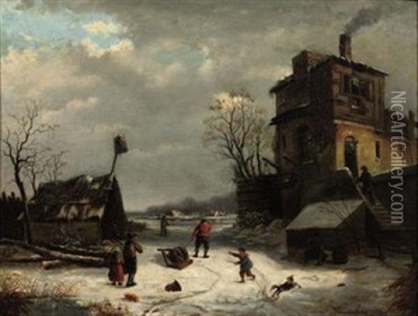 A Winter's Day Oil Painting - Johanes Petrus van Velzen
