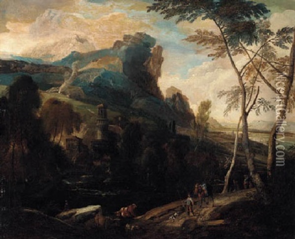 A Mountainous River Landscape With Travellers Crossing A Bridge And A Herd Oil Painting - Frederick De Moucheron