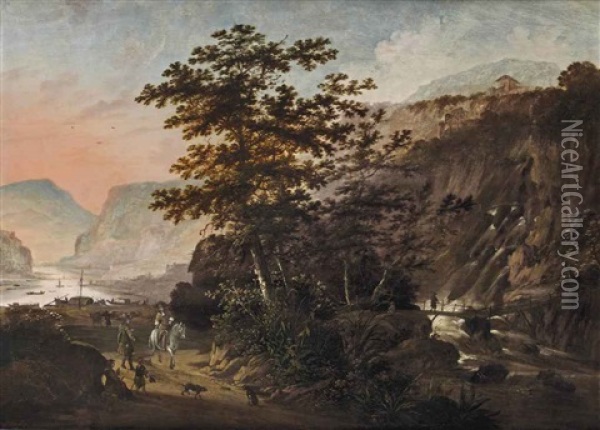 A Mountainous River Landscape With Travellers On A Track Near A Waterfall Oil Painting - Claes Jansz van der Willigen