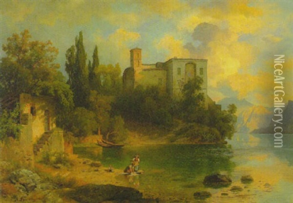 An Einem Oberitalienischen See, Vorn Wascherinnen Am Ufer Und Eine Klosteranlage Im Hintergrund Oil Painting - August Wilhelm Leu