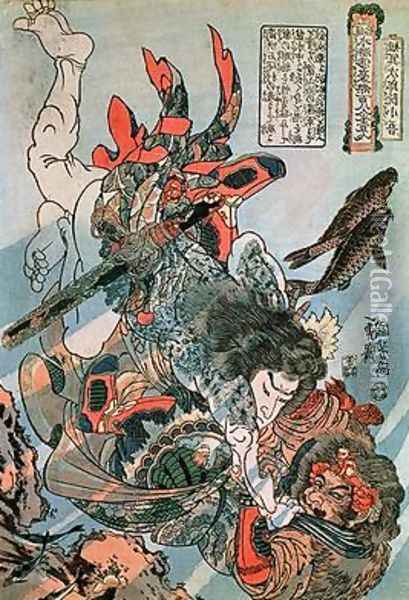 Tameijiro dan Shogo grappling with an adversary under water Oil Painting - Utagawa Kuniyoshi