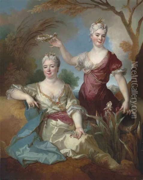 Portrait Of Baroness Le Leu D'aubilly, Full-length, In A White Dress With A Gold Trim And A Blue Wrap, And Her Daughter Madame De Guinaumont, Seated... Oil Painting - Nicolas de Largilliere