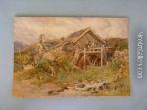 Woodcutterby A Rustic Water Mill Oil Painting - George Hodgson