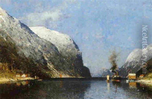A Fjord Scene With A Steam Boat Oil Painting - Adelsteen Normann