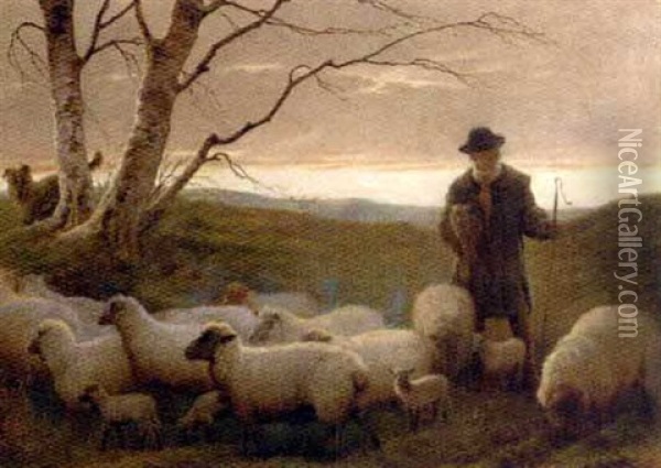 A Shepherd And His Flock, Early Spring Oil Painting - Edwin Douglas