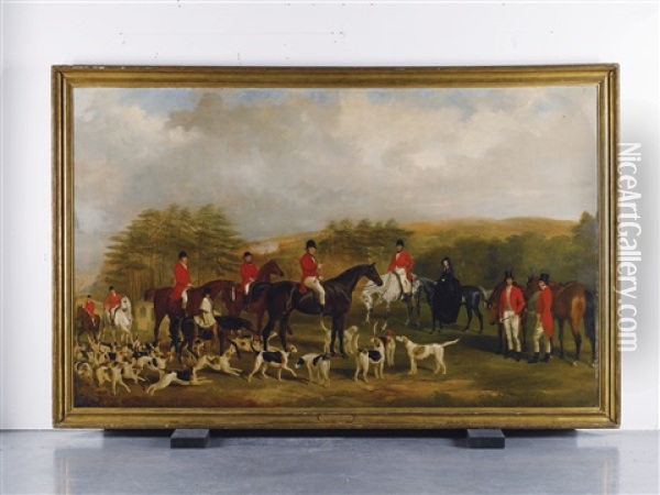 Sir Edmund Antrobus And The Old Surrey Fox Hounds At The Foot Of Addington Hills Oil Painting - William Barraud