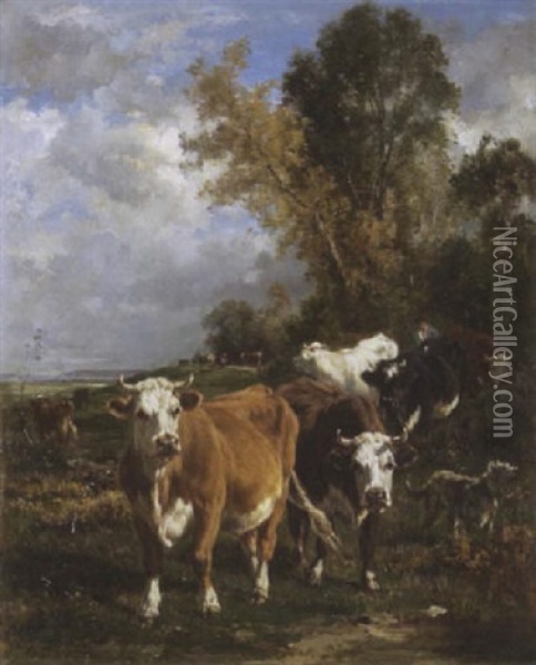 Kuhherde Auf Dem Weg Zur Tranke Oil Painting - Marie Dieterle