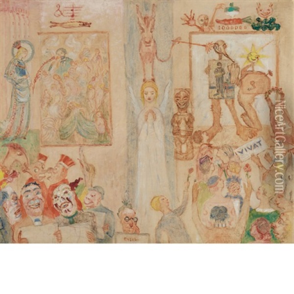 Composition With Masks And Weeping Angel Oil Painting - James Ensor