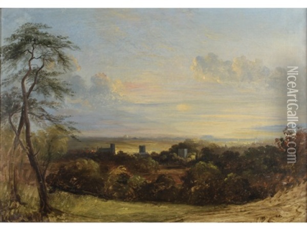 The Sun Setting Over A Village In A Wooded Landscape, Said To Be In Suffolk Oil Painting - Thomas Churchyard