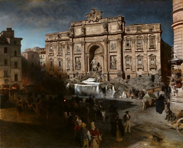 The Fontana Di Trevi By Night Oil Painting - Oswald Achenbach