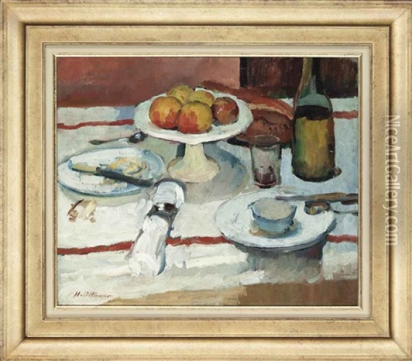 Apples, Bread And Butter Oil Painting - Henri Ottmann