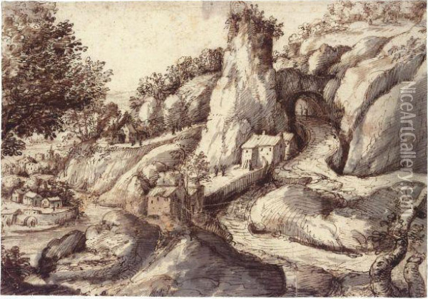 Mountainous River Landscape With Road Through A Rock Arch And Ariverside Village Oil Painting - Gherado Cibo