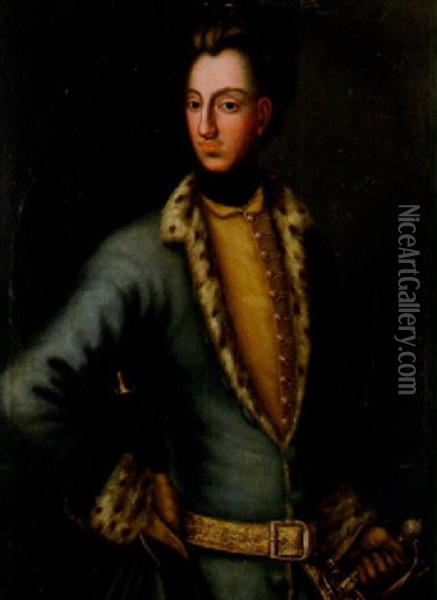 Portratt Av Karl Xii Kladd I Bla Palsbramad Rock Samt Broderat Balte Och Varja Oil Painting - Johann Heinrich Wedekindt