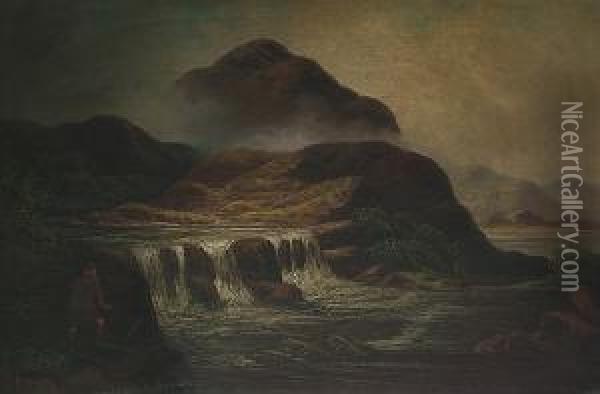 Th Highland Poacher - Salmon Leap, On The Oran River, Muir-o-ord; Glen Falloch Oil Painting - John Russell