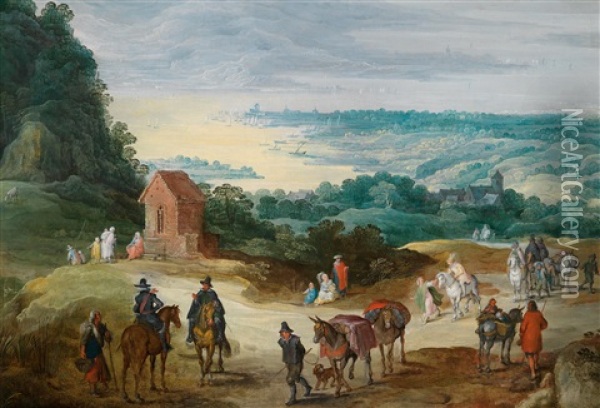 Weite Flusslandschaft Mit Ziehenden Handlern Und Rastenden Wanderern Vor Einer Dorfkulisse Oil Painting - Joos de Momper the Younger