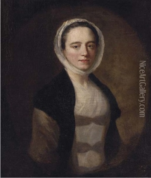 Portrait Of A Lady, Half-length, In A Black Shawl And White Bonnet Oil Painting - Allan Ramsay