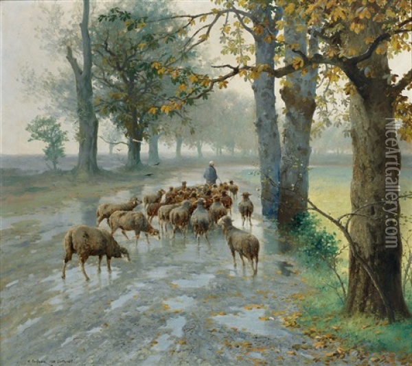Heimkehrende Schafherde An Einem Regnerischen Herbsttag Oil Painting - Adolf Kaufmann