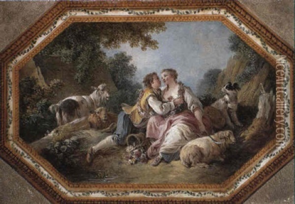 Amorous Shepherd And Shepherdess Seated By A Pool Oil Painting - Jean Baptiste Huet