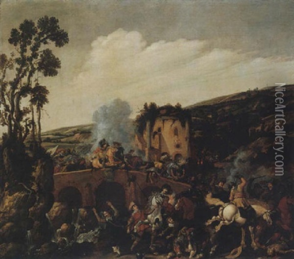 A Battle On A Roman Bridge Oil Painting - Nicolas de Quade van I Ravesteyn