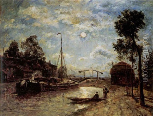 L'ecluse Du Canal Saint-denis, Clair De Lune Oil Painting - Stanislas Lepine