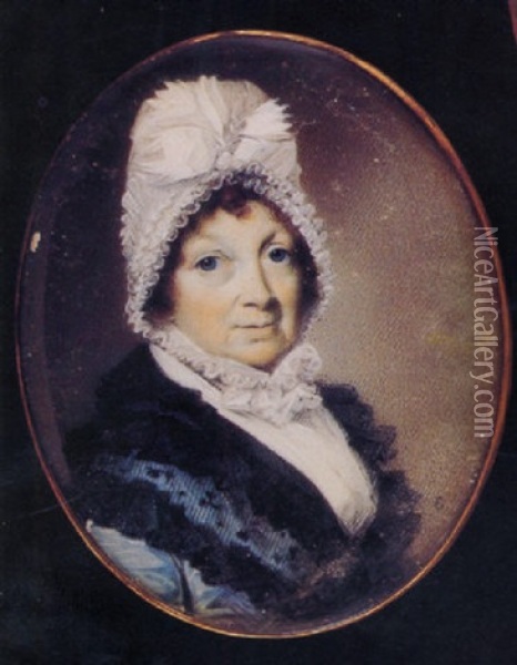 Mary, Lady Palmerston (nee Mee), In Blue Dress With Black Lace Shawl, White Fichu And White Indoor Bonnet Decorated With A Bow Oil Painting - George Engleheart