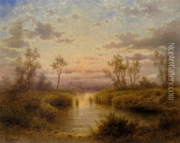 Abendstimmung Uber Einer Teichlandschaft Oil Painting - Albert Rieger