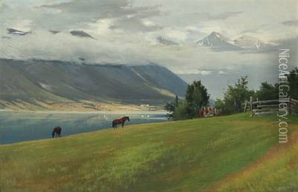 Mountain Landscape With A River And Grazing Horses Oil Painting - Sigvard Marius Hansen