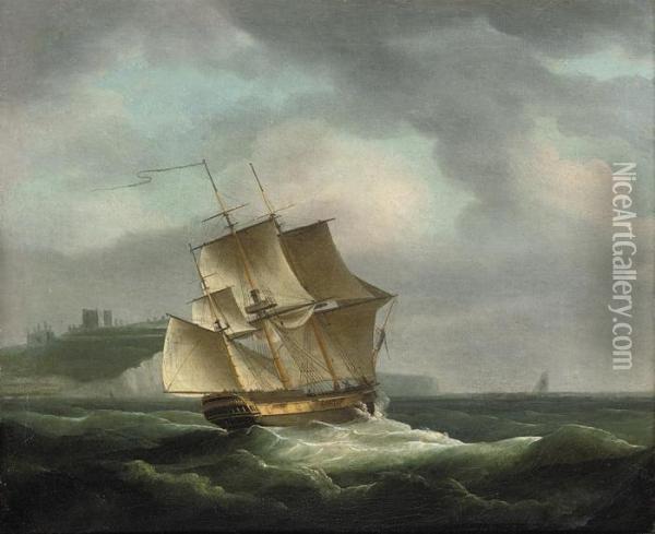 A Three-masted Merchantman Beating Her Way Up The Channel Past Dover Castle Oil Painting - Thomas Whitcombe