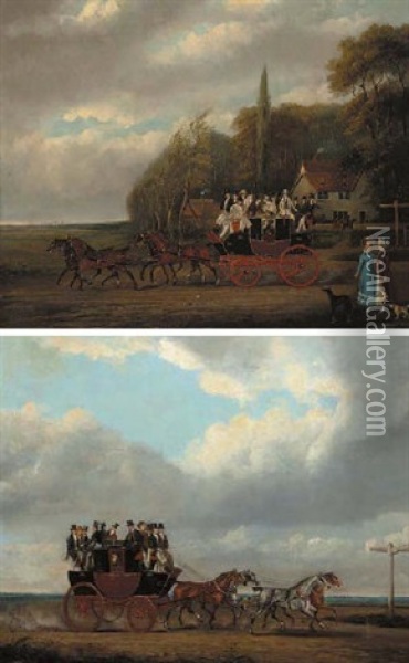 The Bedford To London Coach In An Extensive Landscape Oil Painting - James Pollard