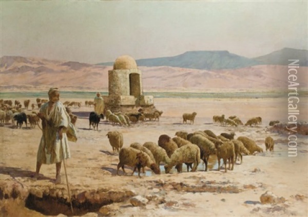 Moutons Dans L'oued Oil Painting - Albert Gabriel Rigolot