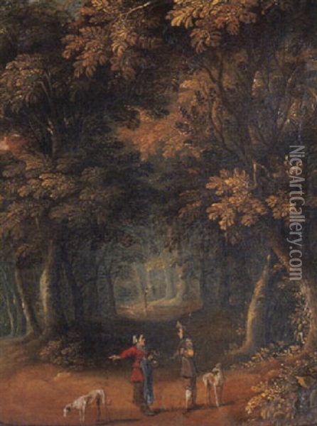A Wooded Landscape With Peasants On A Path Oil Painting - Jasper van der Laanen