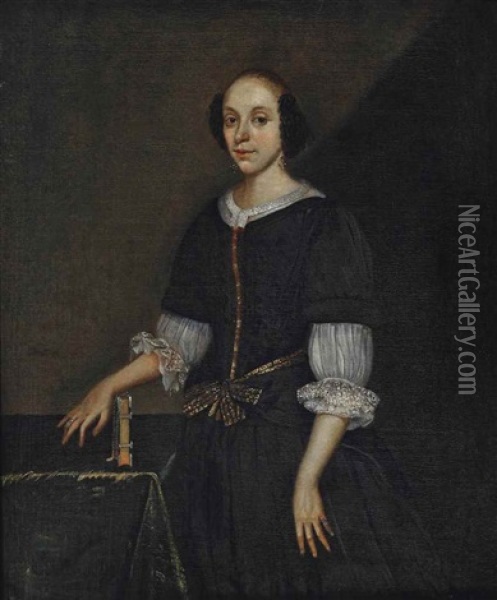 Portrait Of A Lady, Three-quarter-length, In A Brown Dress, Standing Beside A Table Oil Painting - Caspar Netscher