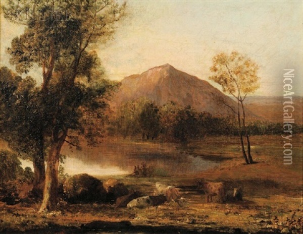 Landscape With Shepherd And Cows Oil Painting - John Linnell