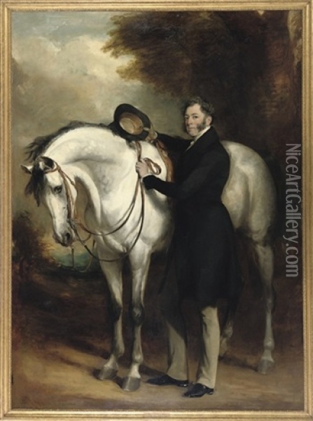 Portrait Of Thomas Dundas, 2nd Earl Of Zetland, In A Black Coat With A Grey Horse In A Landscape Oil Painting - Sir Francis Grant