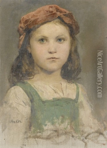 Bildnis Eines Madchens Mit Roter Kopfbedeckung Oil Painting - Albert Anker