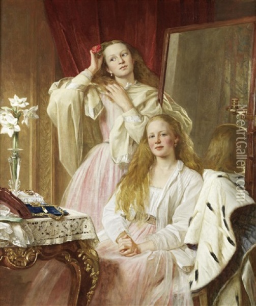 Portrait Of Emma And Federica Bankes Of Soughton Hall At Their Dressing Table Oil Painting - Henry Tanworth Wells