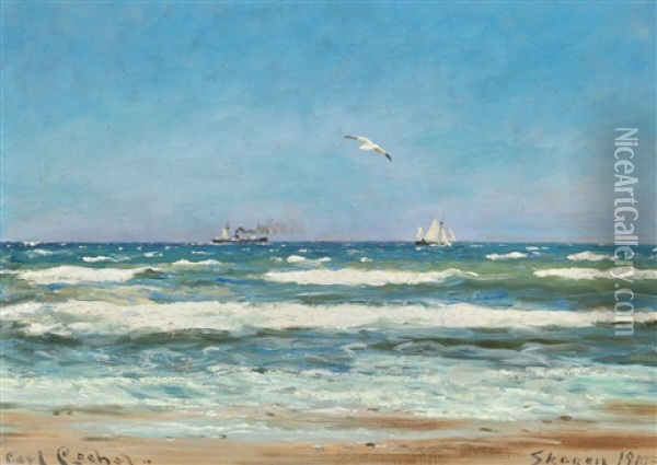 Summer Day With Ships Off The Coast Oil Painting - Carl Ludvig Thilson Locher