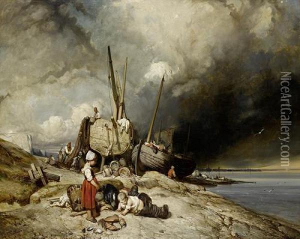 Fishermen And Boats On The Normandy Coast With Children In The Foreground Oil Painting - Eugene Lepoittevin