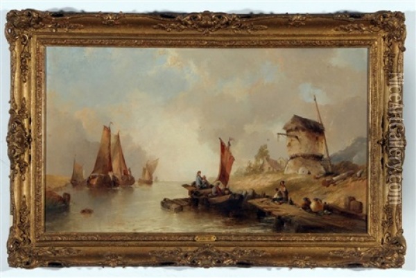 Busy River Scene With Boats, Figures And Windmill Oil Painting - Alfred Montague