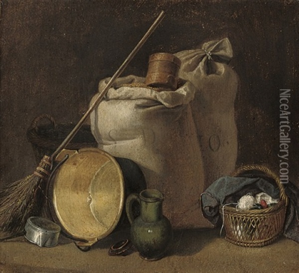 Sacks Of Grain, A Broom, An Up-turned Pot, A Jug And A Basket Of Yarn Oil Painting - Martin Droelling