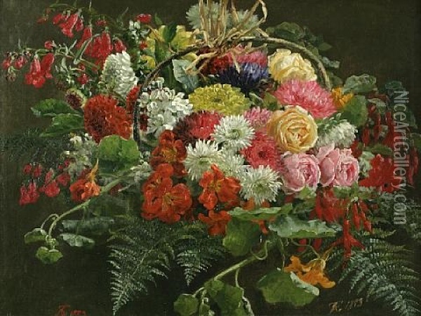 Roses, Carnations And Other Flowers In A Basket Oil Painting - Anthonie Eleonore (Anthonore) Christensen