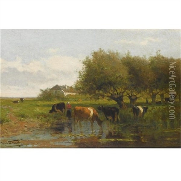 Cows In A Meadow Oil Painting - Jan Vrolijk