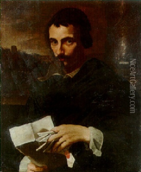 Portrait Of A Gentleman, Half Length, In Black Coat, Holding A Letter, Landscape Beyond Oil Painting - Emilio Savonanzi