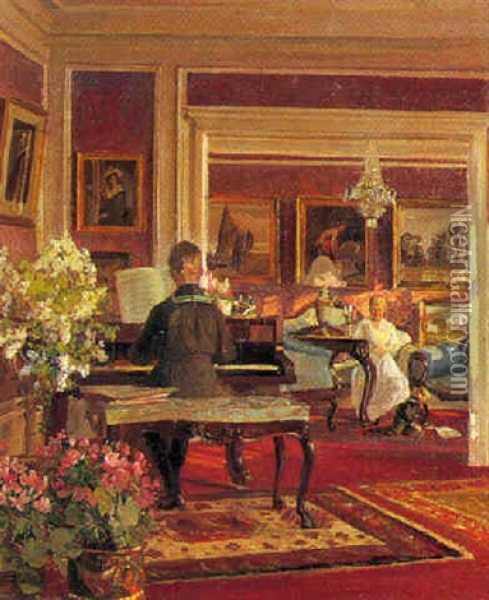 Interior Med Lille Dreng I Matrostoj Ved Klaveret Oil Painting - Gerhard Lichtenberg Blom