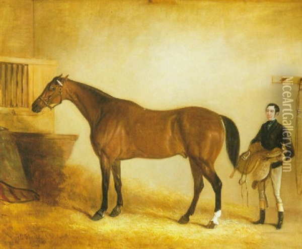 A Bay Racehorse With A Groom In A Stable Oil Painting - John Ferneley Jr.