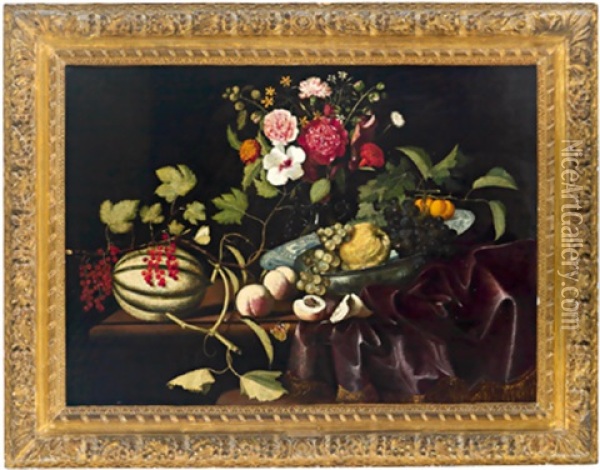 Stillleben Mit Einer Chinesischen Schale Aus Wan-li Porzellan, Mit Melone, Pfirsichen, Weintrauben, Marillen, Blumen Und Einem Schmetterling Oil Painting - Martinus Nellius